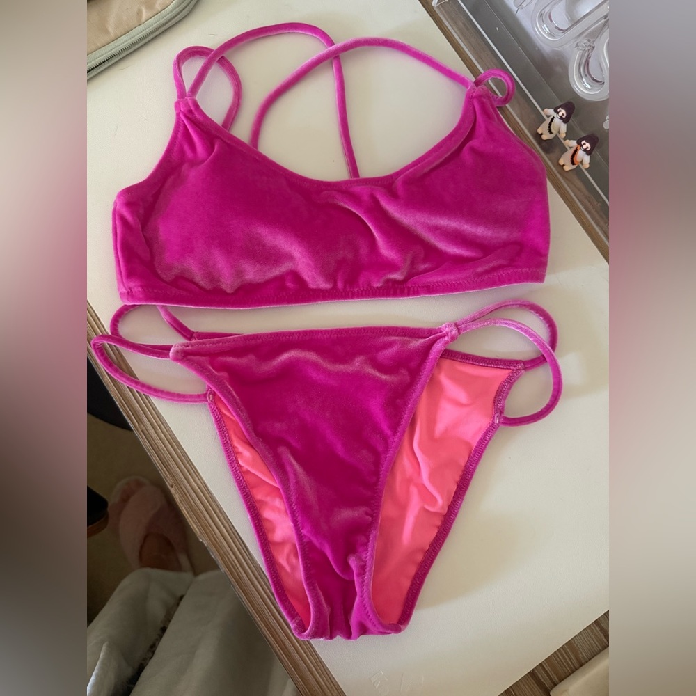 PINK Victoria's Secret Hot Pink Velvet Strappy Bikini